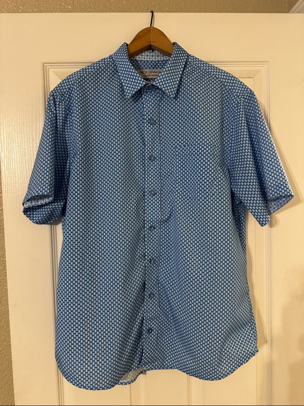 Nick Graham Blue Geometric Short-Sleeve Button-Down Shirt